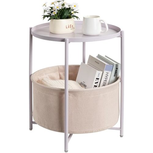 danpinera Round Side Table with Fabric Storage Basket, Metal Side Table Small Bedside Nightstand with Removable Tray Top for Living Room, Bedroom, Nursery, Laundry, Light Violet
