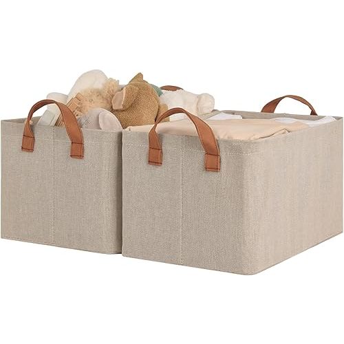 StorageWorks Storage Bins, Shelves Baskets for Organizing, Fabric Closet Organizers with Handles, Metal Frame, Brown and Beige, 2-Pack