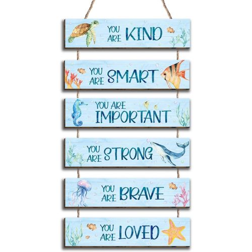 6 Pieces Ocean Decor Kids Room Decor, Inspirational Watercolor Ocean Positive Quotes Wall Art Decor Hanging Plaque Sign for Teens Children Bedroom Princess Toddler Room17