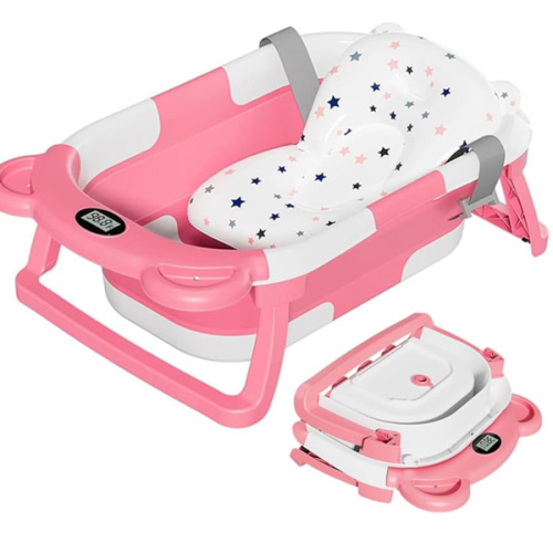 TPN Collapsible Baby Bathtub, Baby Bath Tub with Soft Cushion & Real-Time Thermometer, Baby Bathtub Infant to Toddler Tub (0-36 Months), Portable Newborn Travel Bath tub