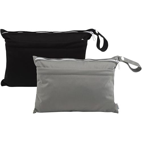 Babygoal Wet Dry Bags for Baby Cloth Diapers, Washable Travel Bag Organizer Pouches, Beach, Pool, Gym Wet Bag for Swimsuits & Wet Dry Clothes with Two Zippered Pockets 2 Pack Small Size 2LNS01-CA