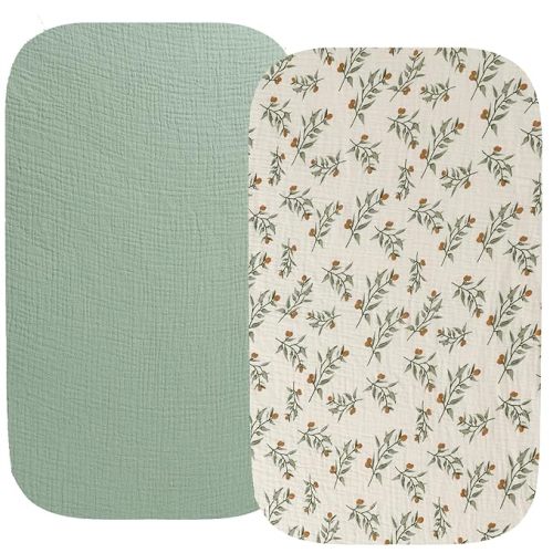 Bassinet Sheet Compatible with Baby Delight Beside Me Dreamer Bassinet, 2 Pack Cotton Stylish Boho Fitted Bassinet Sheets Super Soft for Baby Roman Green & Botanical Leaf
