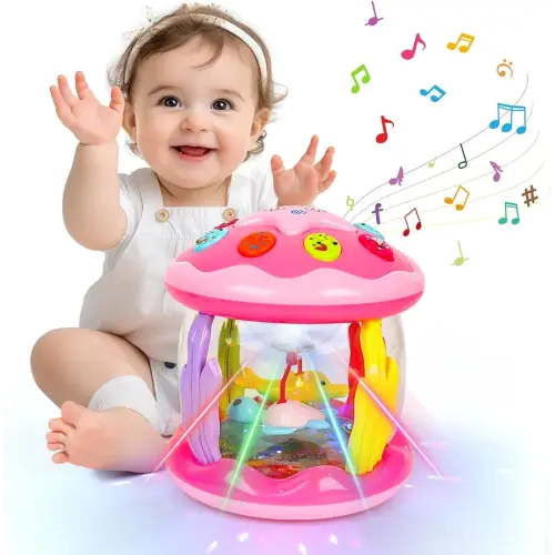 M SANMERSEN Baby Girl Toys 6-12 Months - Babies Ocean Rotating Projector Light Up Musical Toys for 12-18 Months Crawling Learning Tummy Time 1 2 Years Old Infant Boys Girls Gifts - Pink