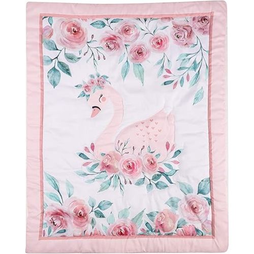 1 PC Pink Floral Swan Nursery Crib Quilt Baby Girl Flower Swan Princess Decorative Cot Comforter Blanket