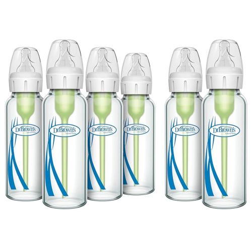 Dr. Brown’s Natural Flow Anti-Colic Options+ Narrow Glass Baby Bottles Bundle, 8 oz 4-Pack & 8 oz 2-Pack, with Level 1 Slow Flow Nipples, Anti-Colic Vent System, Breast-Like Nipple