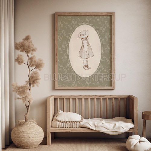Sage Green  Vintage Style Girl Nursery Wall Art, Pencil Sketch Drawing, Cottage Core, Kids Bedroom, Antique Prints, Printable