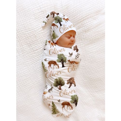 Woodland BABY BOY SWADDLE Baby Blanket Hat Set Hospital Name Announcement Personalized Boy Blanket Deer Animals Woodland Baby Shower Gift
