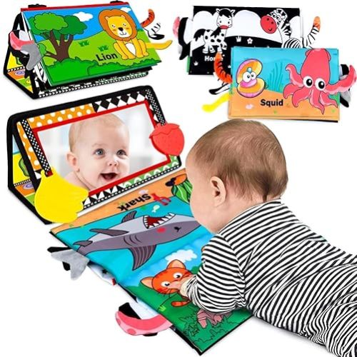 Tummy Time Mirror Baby Toy: Boogem High Contrast Baby Newborn Toys 0 3 6 9 Months Montessori Crinkle Cloth Books & Teethers Sensory Infant Toy Gift for 0-6 Months Infant Boys Girls
