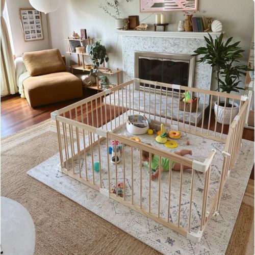 HARPPA Baby Gate Playpen, DIY Foldable Wooden Play Gate, Non-Toxic Foldable Wooden Play Yard for Babies & Toddlers, Adjustable DIY Baby Fence, Large & Small Safe Play Area, Easy-Assembly Natural Finish Indoor Playpen, DIY Playpen Foldable Wooden Playpen,