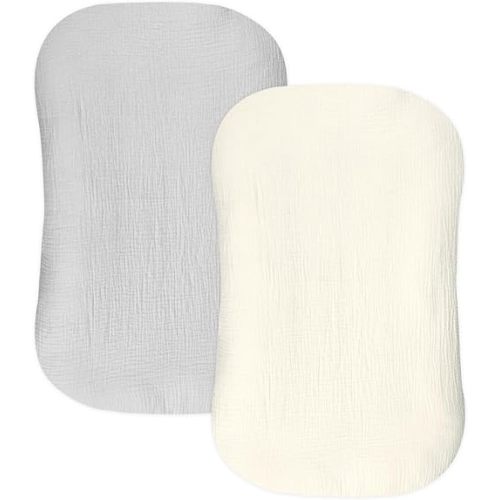 Hooyax Muslin Baby Lounger Cover 2 Pack, Organic Cotton Removable Slipcover for Newborn,Baby Padded Lounger Infant Floor Seat Cover for Boys Girls (Gray Creamy-White)