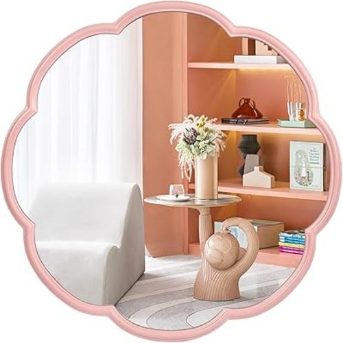 Pink Scalloped Wall Mirror 24", Decorative Round Mirror Metal Frame, Flower Pattern Hanging Wall Decor for Living Room, Entryway, Bedroom, Hallway, Mantel