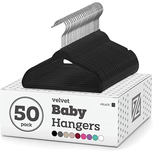 Zober Velvet Baby Hangers for Closet - Pack of 50 Non Slip Toddler Hangers for Shirts, Pants & Dresses w/Swivel Hook - Durable Infant Hangers w/Notches - Small Kids Hangers - Black - Baby- 50 Pack