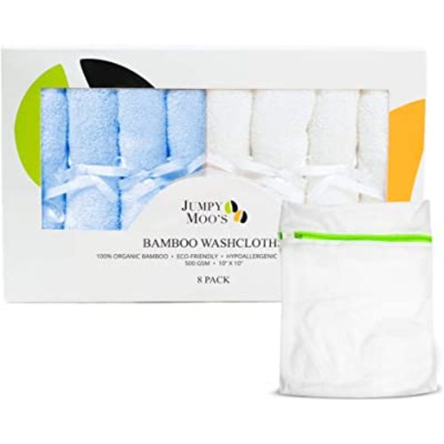 Jumpy Moo's Baby Washcloths - 100% Rayon from Bamboo, Ultra Thick 10x10 inches, Gentle on Delicate Skin, Perfect for Girls and Boys, Includes Giftbox & Laundry Bag
