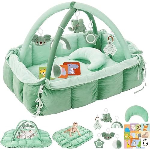5-in-1 Plush Baby Play Gym, Baby Play Mats, Convertible Baby Gym with Pillow, Tummy time mat, Baby&Ped Bed, 6 Sensory Toys, Activity Center from Newborn to Toddler, Cat&Dog Bed, Ball Pit, Sage Green