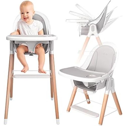 Children of Design 6 in 1 Deluxe Wooden High Chair for Babies & Toddlers, Modern Safe & Compact Baby Highchair, Easy to Clean & Assemble Removable Tray & Cushion, 6 Options 3 Seat Positions 2 Heights