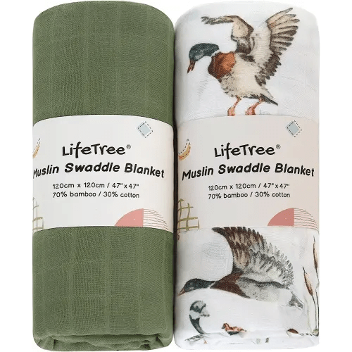 LifeTree Muslin Swaddle Blankets Neutral, Baby Swaddling Wrap Nursery Receiving Blanket for Boys & Girls, 70% Viscose from Bamboo and 30% Cotton, Large 47 x 47 inches Mallard Duck/Olive Green