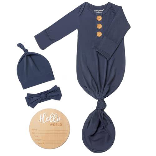 Soft Baby Knot Gown 0-3 Months, Newborn Announcement Sleepers With Mitten Cuffs and Personalized Wooden Name Tag