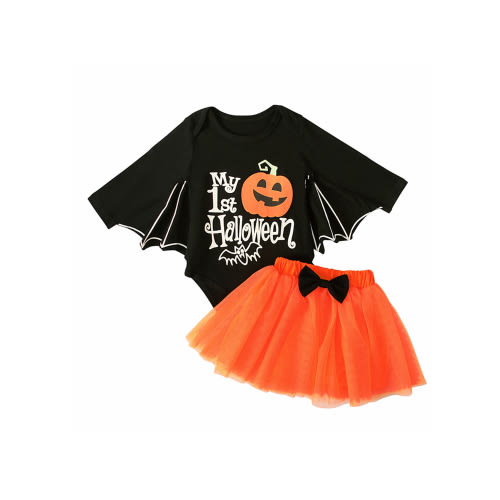 Jkerther Newborn Baby Girl's My 1st Halloween Outfits Long Bat Sleeve Pumpkin Ghost Face Romper Jumpsuit+Tutu Skirts Set