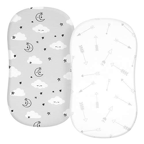 TILLYOU Bassinet Fitted Sheets for Baby Boy Girl, Universal Fit for Cradle Oval Rectangle Hourglass Mattress, 2-Pack Gray Clouds