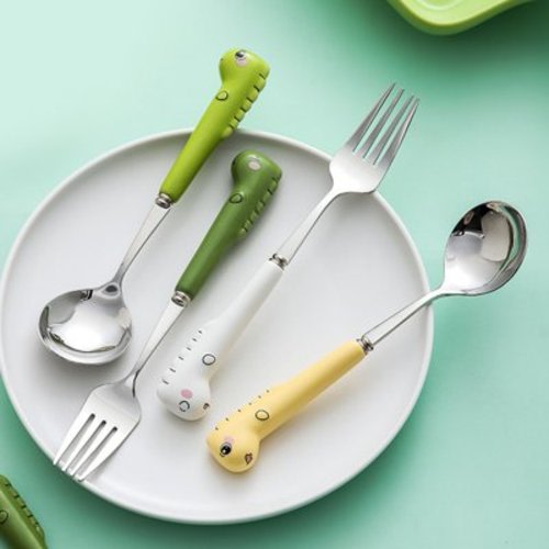 Heajfvd Scratch Resistant Toddler Utensil Anti-rust Stainless Steel Cartoon Dinosaur Children Fork Spoon for Home