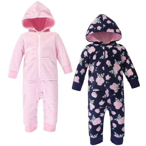 Hudson Baby Infant Girl Fleece Jumpsuits, Coveralls, and Playsuits 2pk, Navy Rose