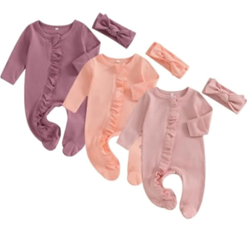Merqwadd Baby Girl Zipper Pajama Footies 3 Pack Ruffle Sleeper Coming Home Infant Cotton Clothes