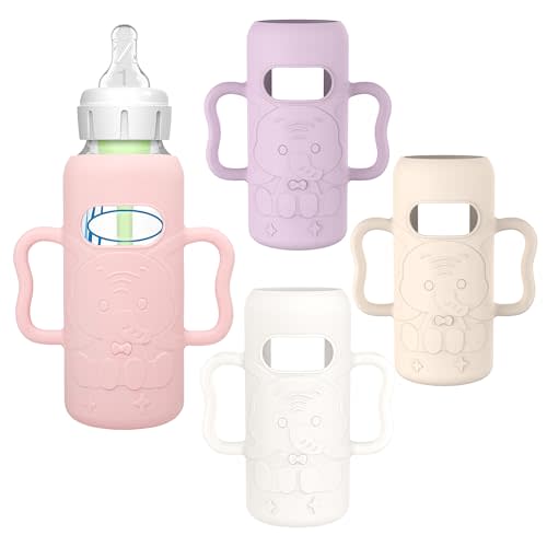 KingKam 4 Pack Silicone Sleeves for Dr. Brown's Glass Baby Bottles, Drop Protection Easy-Grip Baby Bottle Sleeves Holder with Handles, Compatible with Dr. Brown's Narrow Glass Bottles 8oz