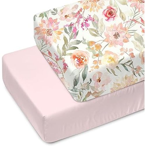 Baby Girls Crib Sheets | 2 Pack Floral & Solid Pink Ultra-Soft Bedding for Crib Mattress and Toddler Beds |Blended Cotton Fitted Crib Sheet for Baby Girls Comfort and Elegance by Max&So