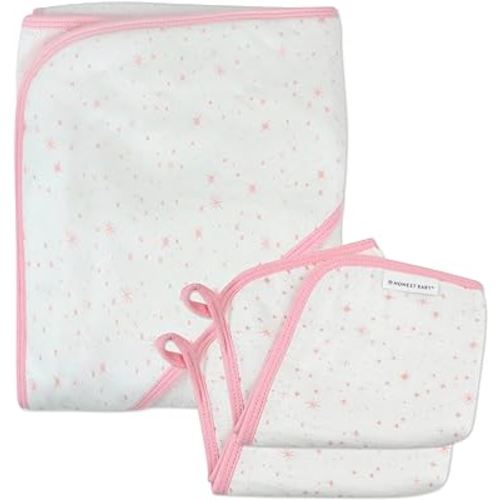 HonestBaby Unisex Baby 3-Piece Organic Cotton Hooded Towel & Washcloth Set, Twinkle Star White/Pink, One Size