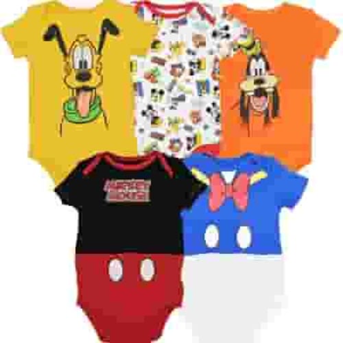 Disney Mickey Mouse Donald Duck Pluto Infant Baby Boys 5 Pack Cuddly Bodysuits Newborn to Infant