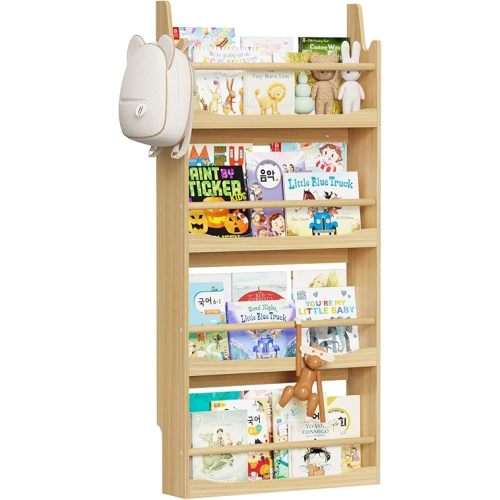 Lkeiyay Kids Bookshelf,4 Tier Wall Mount Kids Book Shelf,Space-Saving Wall Mount Narrow Bookshelf(Natural)