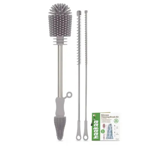 haakaa Silicone Cleaning Brush Kit - SUVA Grey - Bottle Brush for Breast Pumps, Breast Milk Collector, Baby Bottles, Nipples, Breastmilk Storage Bags