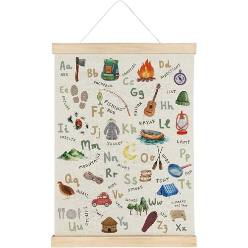 ATBWGT Camping Alphabet Nursery Wall Art Decor, Kids Room Decor, Camping Alphabet Educational Poster Hanger Frame for Toddler Boys Bedroom Playroom Nursery Classroom, 12x16 Inch