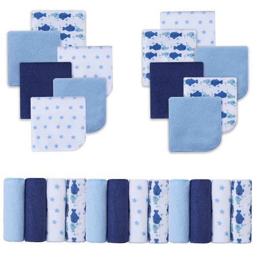 "Viviland Soft 24-Pack Unisex Baby Washcloths, Super Absorbent 9""x 9"", Dark Blue Whale Pattern"