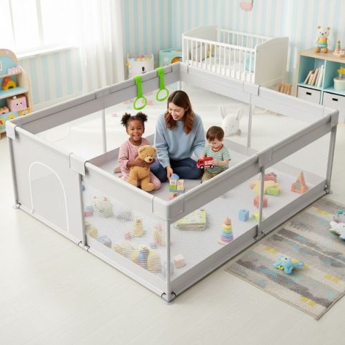 Extra Large Baby Playpen with Gate – Indoor Toddler Play Yard & Kids Play Area Fence, Sturdy Gray 69×59 in