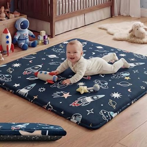1.5" Thick Premium Baby Floor Play Mat, 50x50 Padded Memory Foam Mat, Tummy Time Crawling Playmat for Nursery Playroom Classroom, Space Adventure