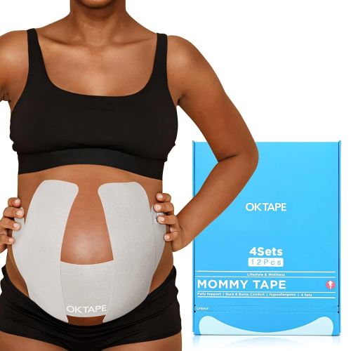 OK TAPE Pregnancy Belly Tape, Hypoallergenic Precut Belly Band Support, Relief Maternity Round Ligament Pain/Back Pain/Belly Pain, Women Pregnancy Must Haves, 4 Sets, Fashion Grey - For 27-40 weeks