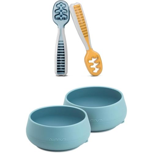 NumNum Baby Spoons for Kids Aged 6+ Months - First Stage, Baby Led Weaning (BLW) + Suction Bowls for Babies & Toddlers 4 months+, 2 Baby Bowls (Blue)