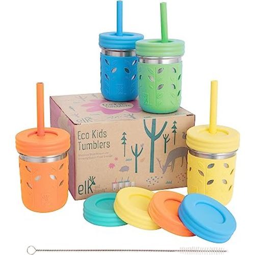 Elk and Friends Stainless Steel Cups | 10 oz Mason Jar design | Kids & Toddler Cups with Silicone Sleeves & Straws with Stopper | Smoothie Cups