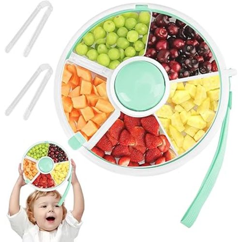 Kids Snack Spinner with Hand Strap and 2 Clips,Reusable Snack Container,360°Rotating Snack Box Snack Spinner Bundle with 5 Compartment Dispenser and Lid for Home,Travel,Leakproof Spill-Proof