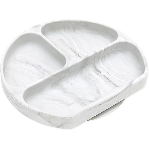 Bumkins Toddler and Baby Suction Plate, Divided Grip Dish for Babies and Kids, Baby Led Weaning, Feeding Supplies, Sticks to Tables and Highchairs, Platinum Silicone, for Chidren 6 Months, Marble
