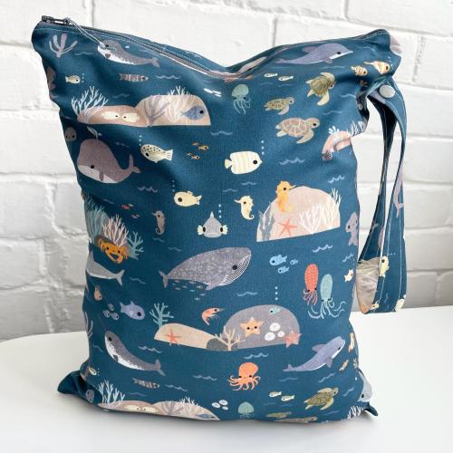 Large - Wet -swim-diaper- pool- beach-bag-zippered - PUL lined-water resistant 12x14” sea animals