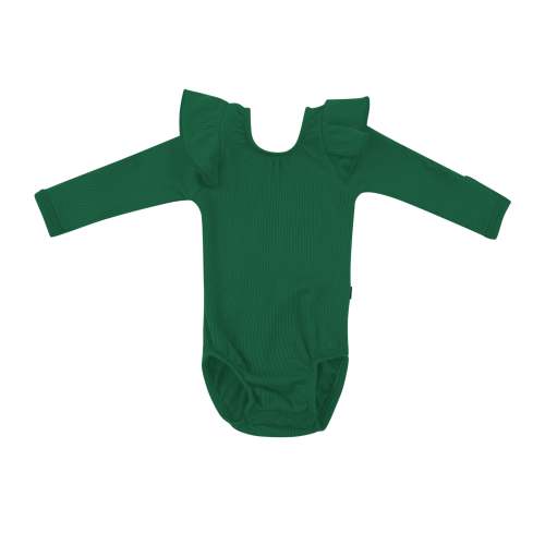 Ribbed Long Sleeve Ruffle Leotard in Forest