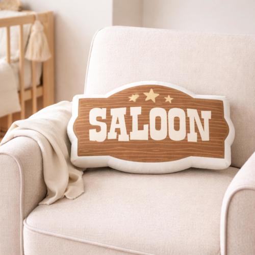 Saloon Sign Shape Pillow, Western Nursery Decor, Cowboy Playroom Accent, Kids Room Cushion