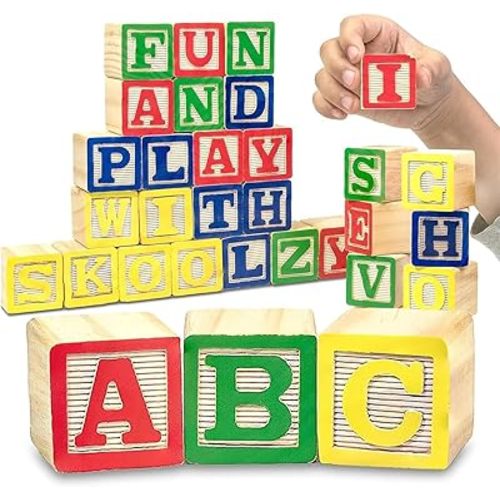 Skoolzy 30 PCS Baby Blocks - Small Wooden ABC Blocks for Toddlers 2-5 - Alphabet Learning & Building Toys