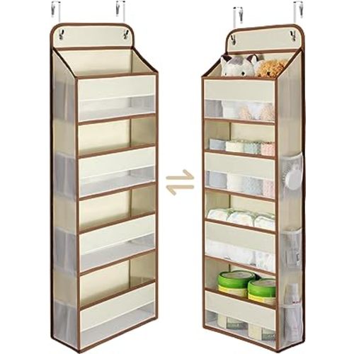Yecaye 1 Pack Over the Door Storage Organizer, 35.2lbs Load Closet Door Organizer Hanging, No Sagging Bathroom Organizer with 4 Bins 6 Side Pockets, Door Storage for Nursery Baby Essentials, Beige - 4-Layer
