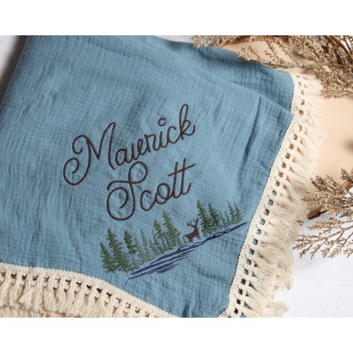 Personalized Embroidered Baby Boy Muslin Swaddle Blanket with Name, Deer, Trees Design, Woodland, Forest Theme, Boho Custom Baby Boy Gift