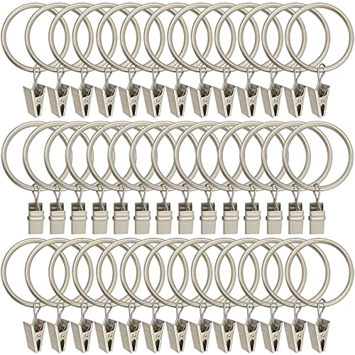LLPJS 40 Pack Metal Curtain Rings with Clips, Curtain Clip Rings Hooks for Hanging Drapery Drapes Bows, Curtain Rod Rings 1.5 inch Interior Diameter, Matte Silver