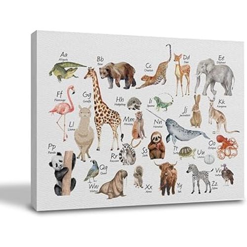 Qvapt Woodland Alphabet Framed Wall Art,Kids Animal Print for Wall Framed,Woodland Animal ABC Canvas Wall Art Print,Boy Kids Room Wall Decor,Boy Kids Nursery Decor(11x14inch)
