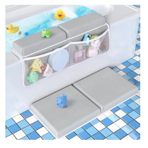 Bath Kneeler and Elbow Rest Pad Set - Gray Green - 1.5 inch Extra Thick Baby Bathtub Kneeling Pad and Removable Elbow Pad,with Baby Bath Toys and Organizer Pockets - Easy to Clean-Tiikiy
